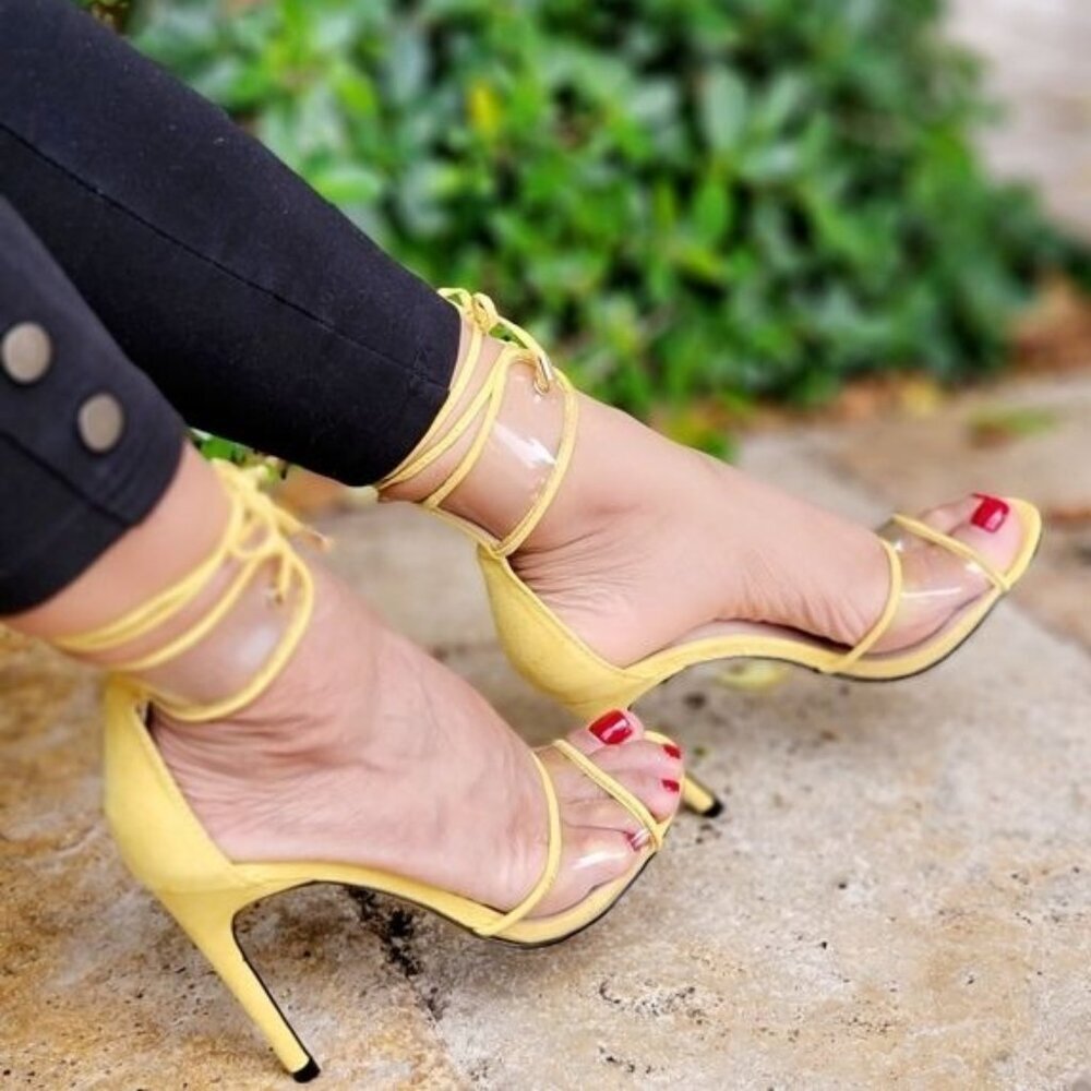 Yellow Faux Suede Lace Up Sandals Clear Vinyl Heels for Women